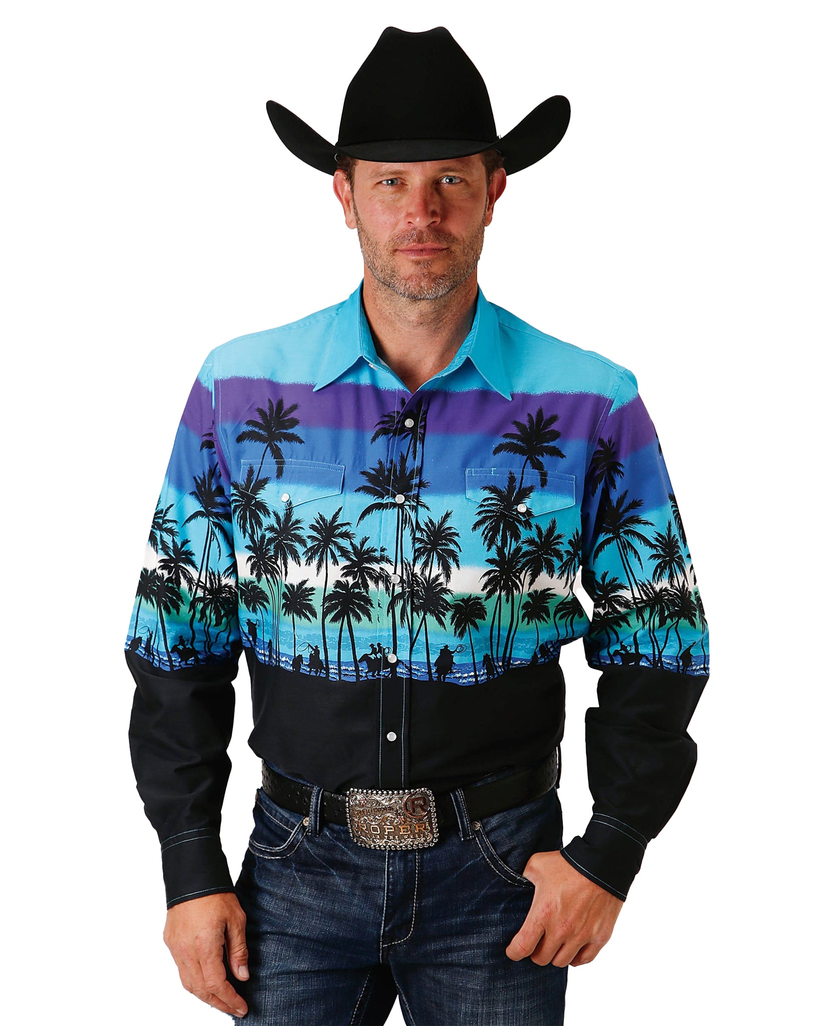 Men's Long Sleeve Beach Roundup Border Western Shirt by Roper from Skip’s Western Outfitters | KAR-03-001-0421-0306-BU-S-BLUE
