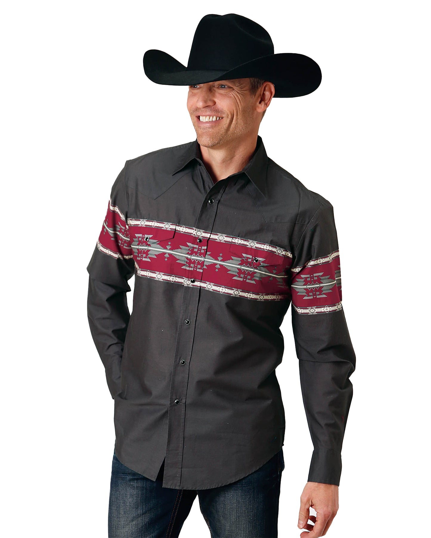 Men's Long Sleeve Aztec Border Western Shirt by Roper from Skip’s Western Outfitters | KAR-03-001-0431-0107-BL-S-MULTI