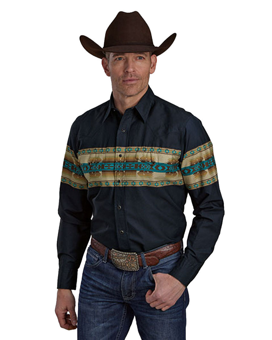 Men's Long Sleeve Border Print Western Snap Shirt - 03-001-0431-0654 Bu