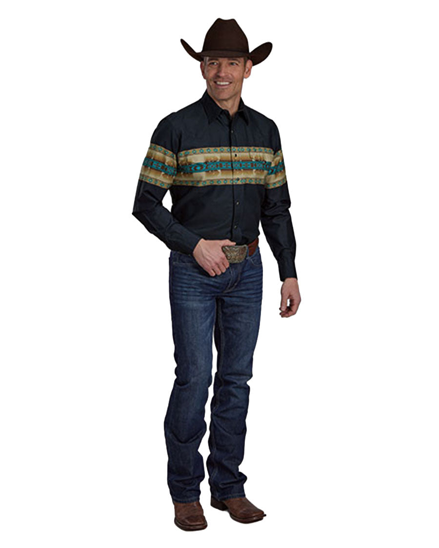 Men's Long Sleeve Border Print Western Snap Shirt - 03-001-0431-0654 Bu