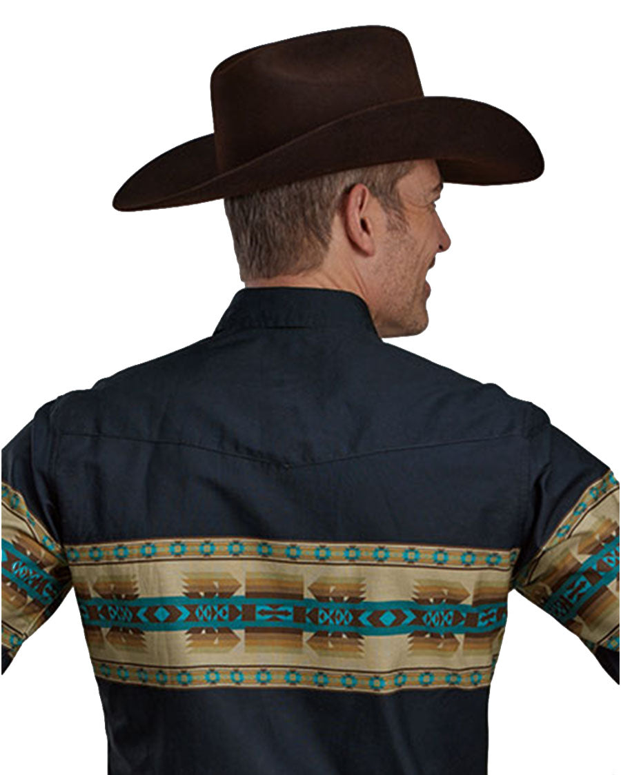 Men's Long Sleeve Border Print Western Snap Shirt - 03-001-0431-0654 Bu