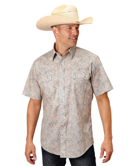 Men's Short Sleeve Dot Paisley Print Western Shirt by Roper from Skip’s Western Outfitters | KAR-03-002-0064-0466-BR-XL-BROWN