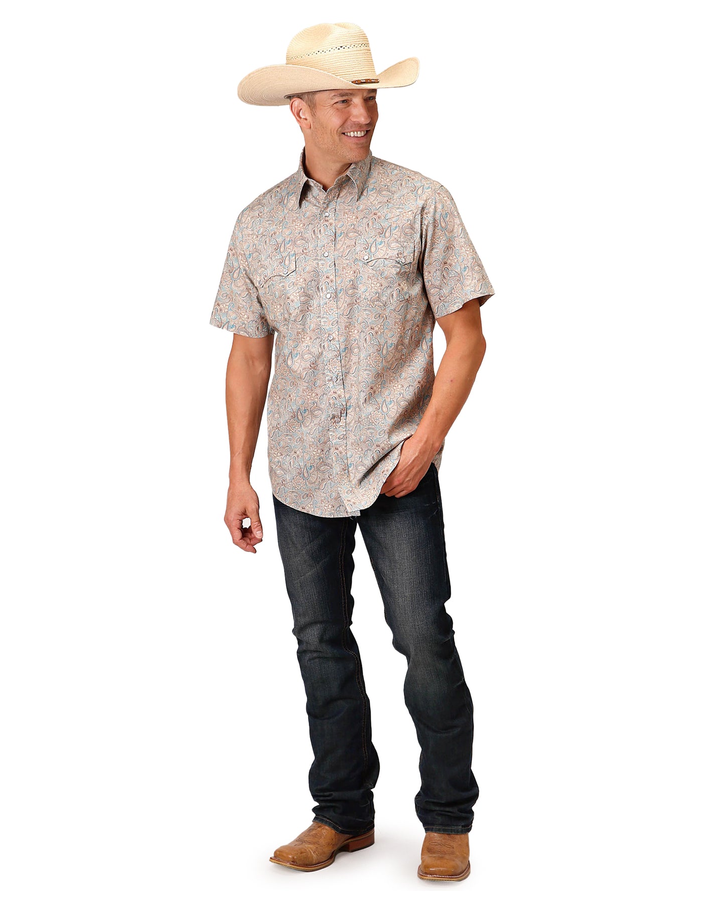 Men's Short Sleeve Dot Paisley Print Western Shirt