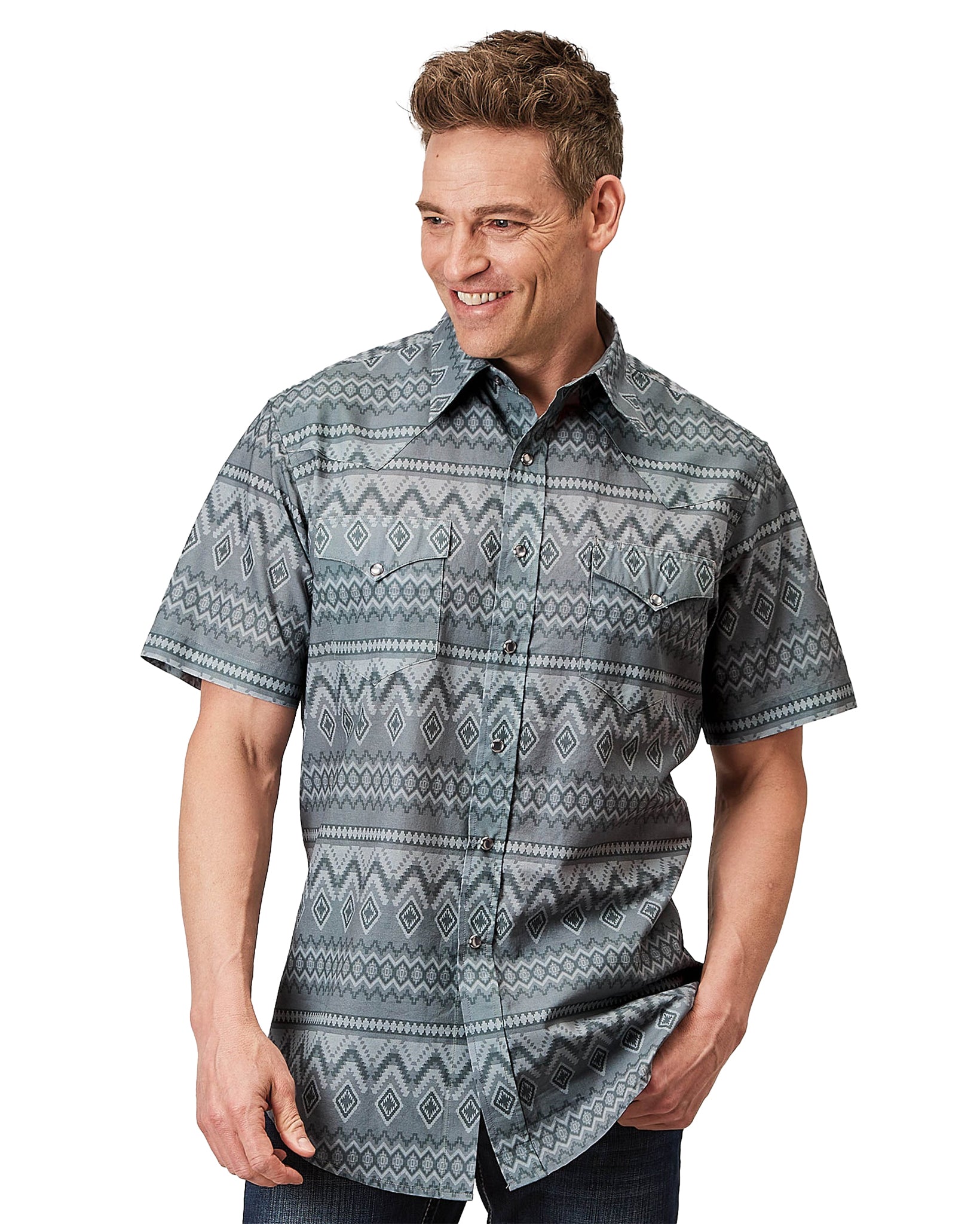Men's Short Sleeve Aztec Print Western Shirt by Roper from Skip’s Western Outfitters | KAR-03-002-0067-0320-GY-L-GREY