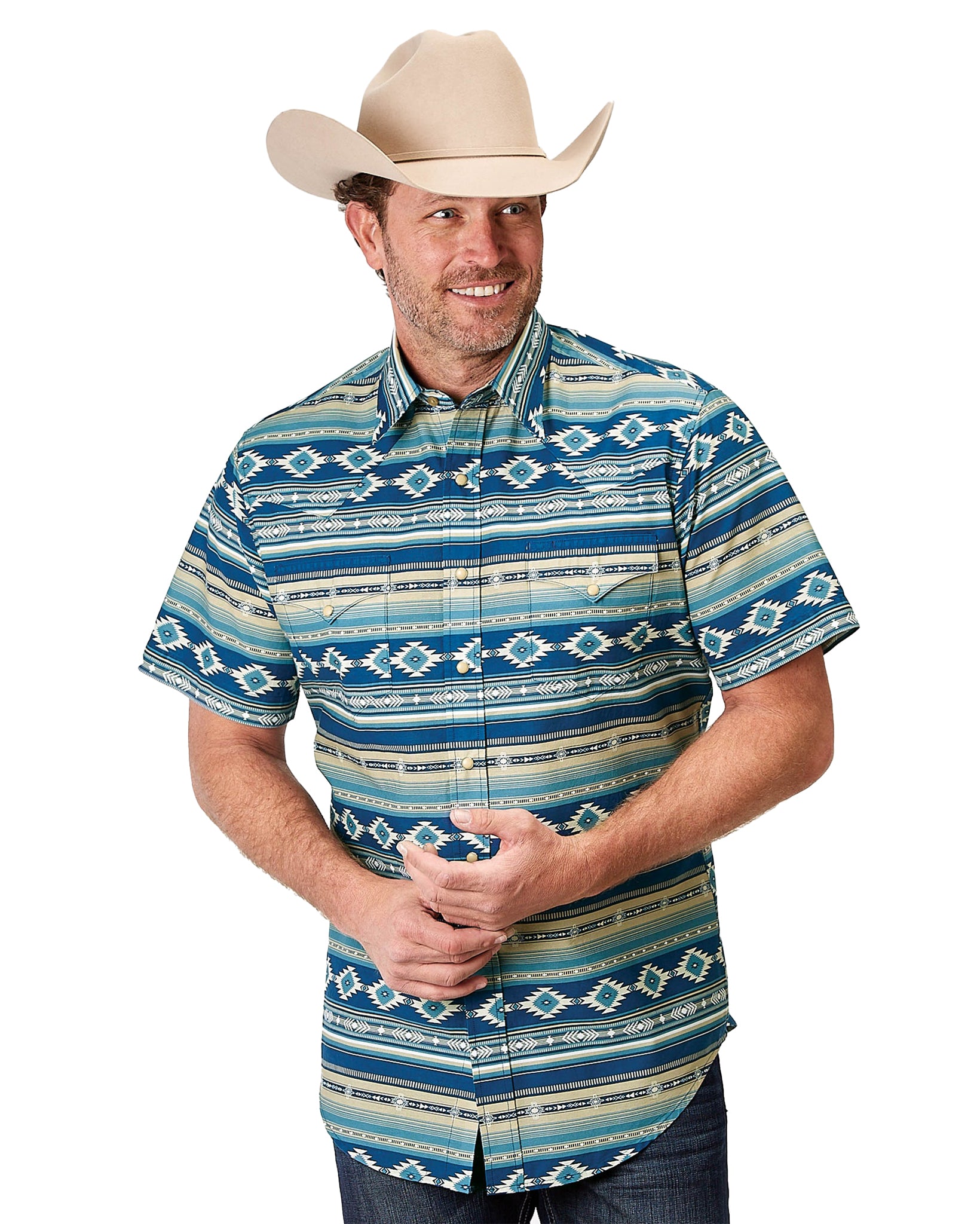 Men's Short Sleeve Aztec Western Shirt by Roper from Skip’s Western Outfitters | KAR-03-002-0067-0322-BU-S-BLUE