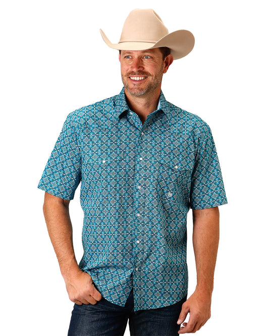 Men's Victorian Foulard Short Sleeve Western Shirt by Roper from Skip’s Western Outfitters | KAR-03-002-0225-2017-BU-S-BLUE