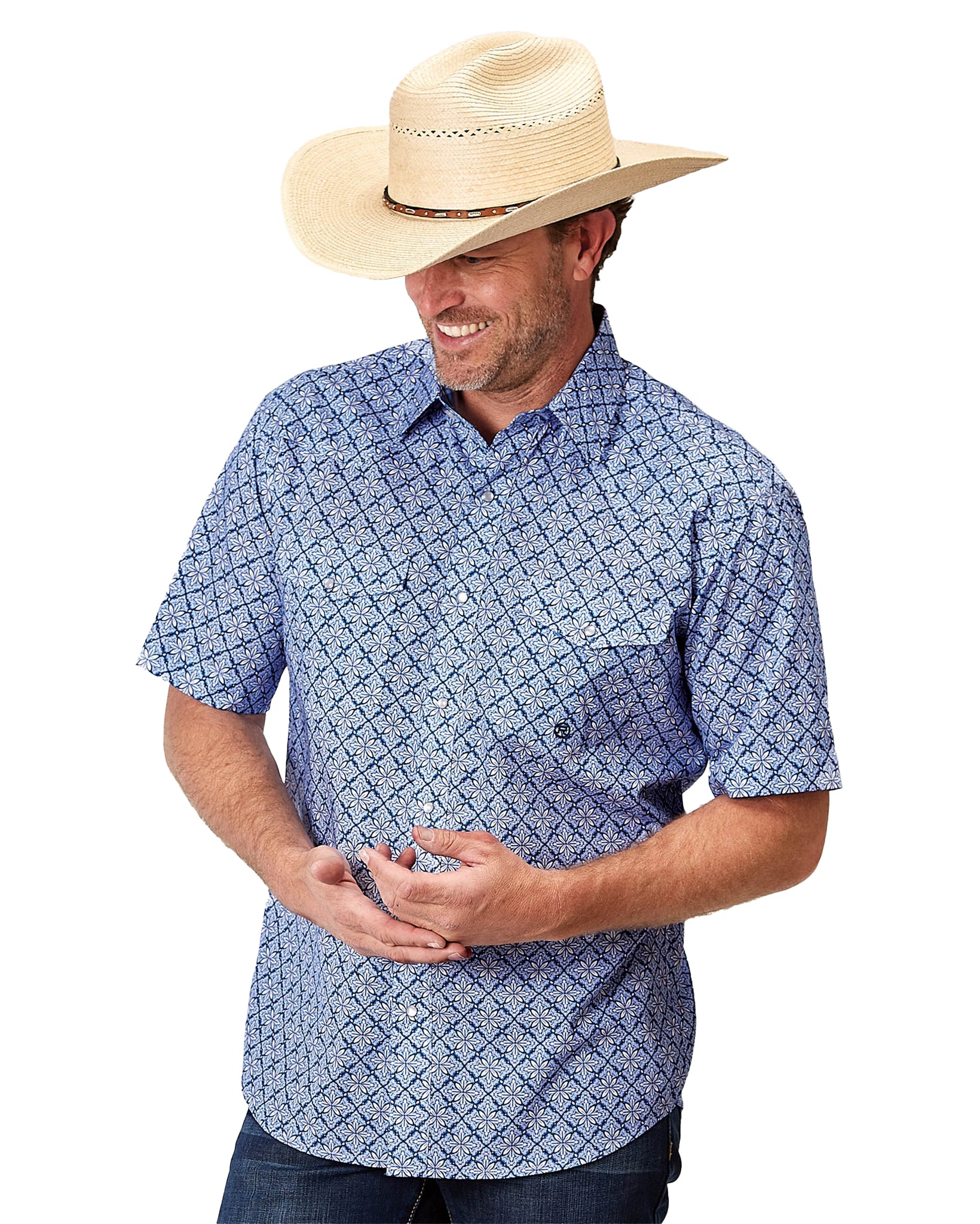 Men's Blue Skies Tie Print Short Sleeve Western Shirt by Roper from Skip’s Western Outfitters | KAR-03-002-0225-2024-BU-S-BLUE