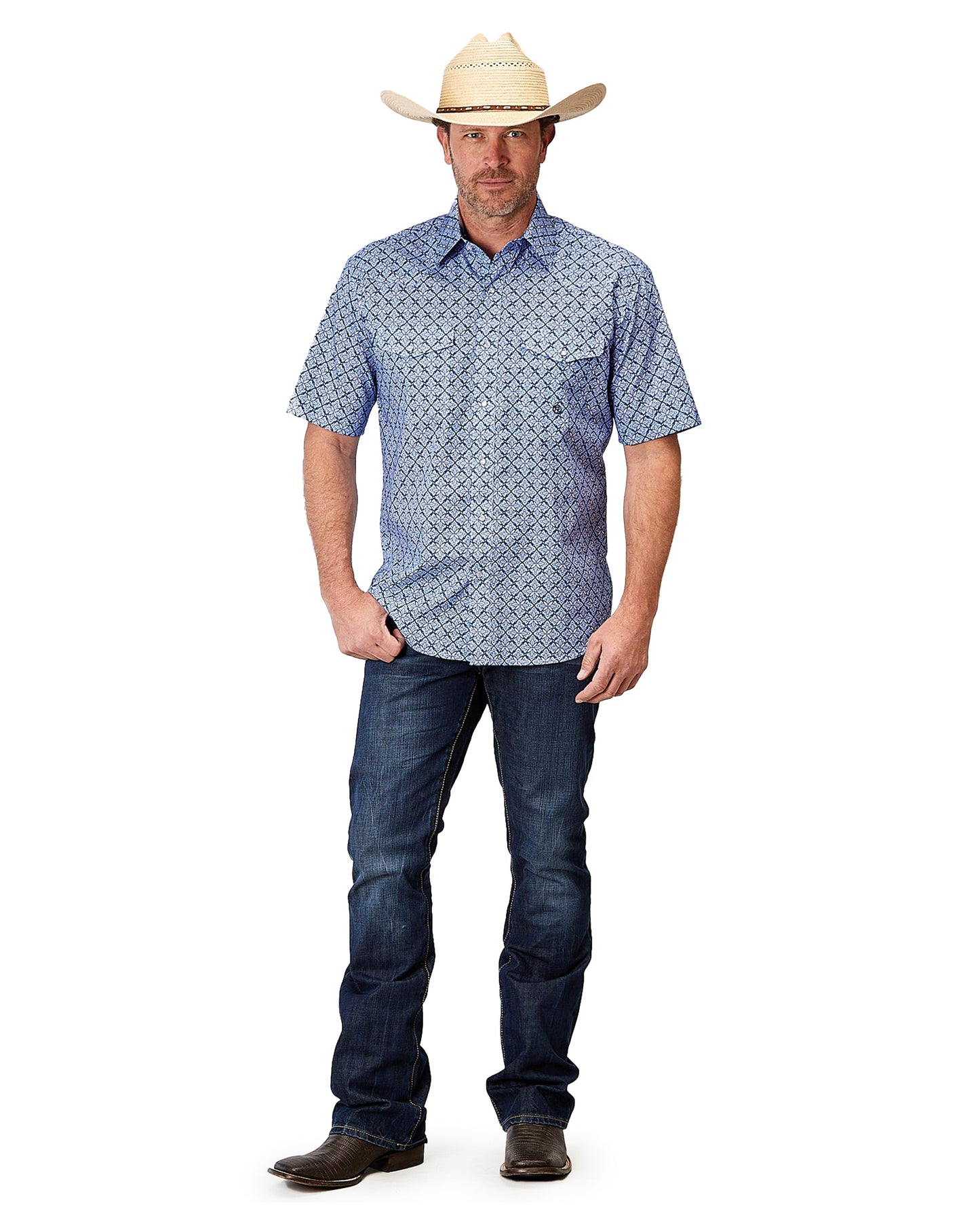 Men's Blue Skies Tie Print Short Sleeve Western Shirt