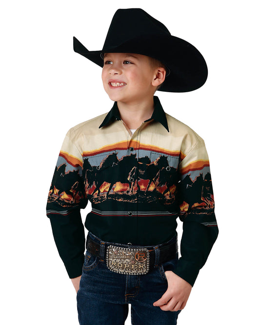 Boys' Long Sleeve Scenic Horse Border Western Shirt by Roper from Skip’s Western Outfitters | KAR-03-030-0421-0106-BL-L-MULTI