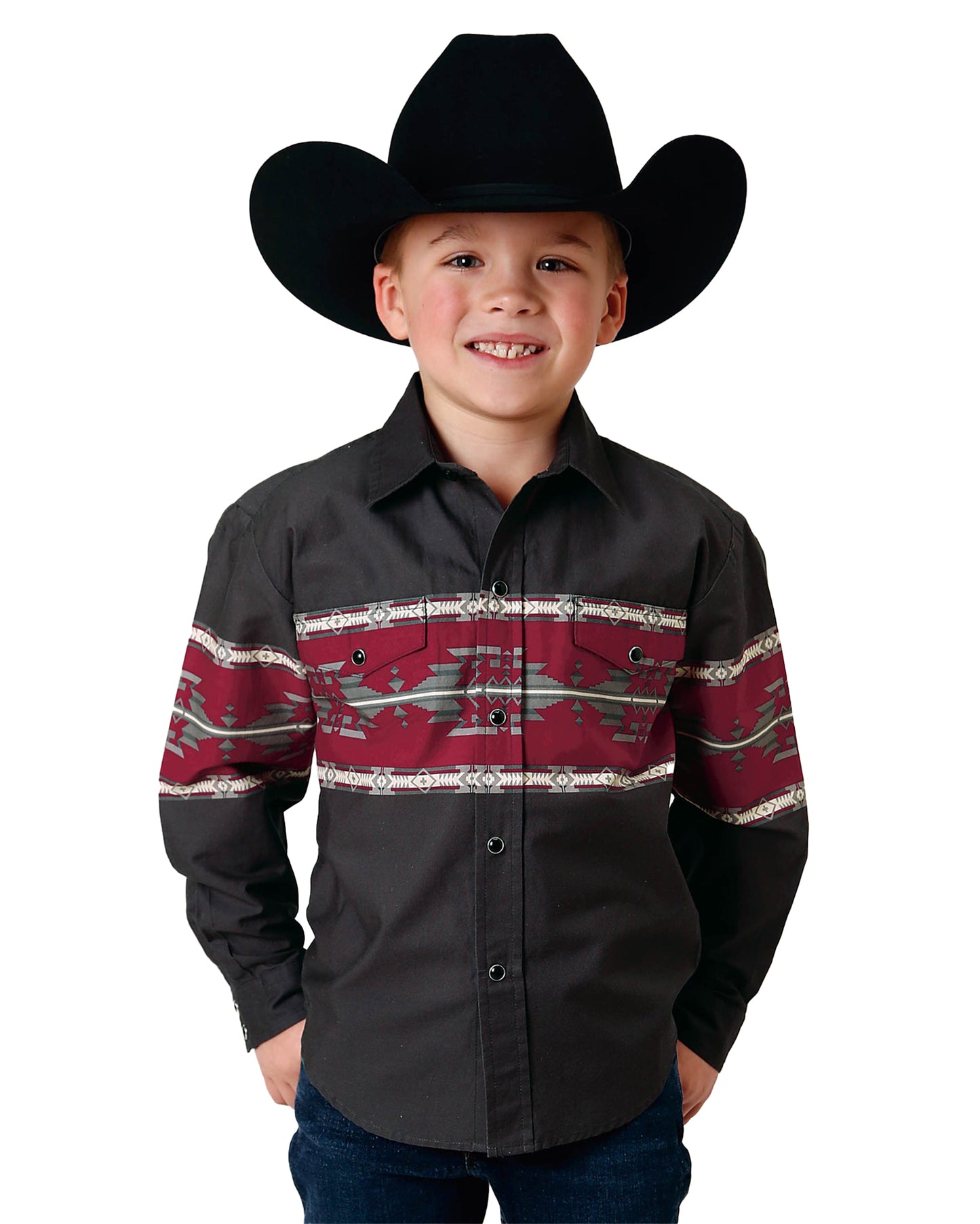 Boys' Long Sleeve Aztec Border Western Shirt by Roper from Skip’s Western Outfitters | KAR-03-030-0431-0107-BL-L-MULTI