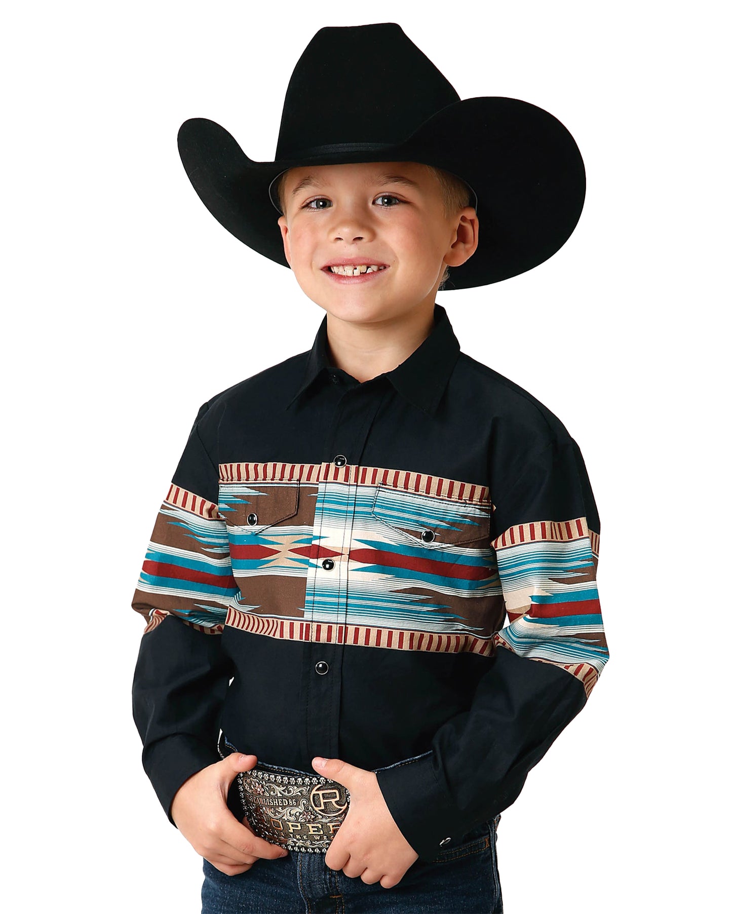 Boys' Long Sleeve Blanket Aztec Border Western Shirt by Roper from Skip’s Western Outfitters | KAR-03-030-0431-0610-BL-L-MULTI