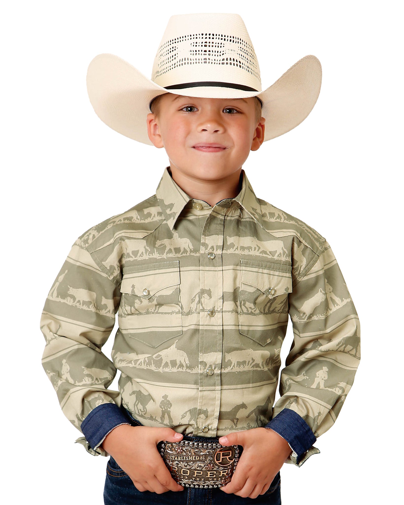 Boys' Long Sleeve Cowboy Rugby Western Shirt by Roper from Skip’s Western Outfitters | KAR-03-030-0482-0410-BR-XS-BROWN