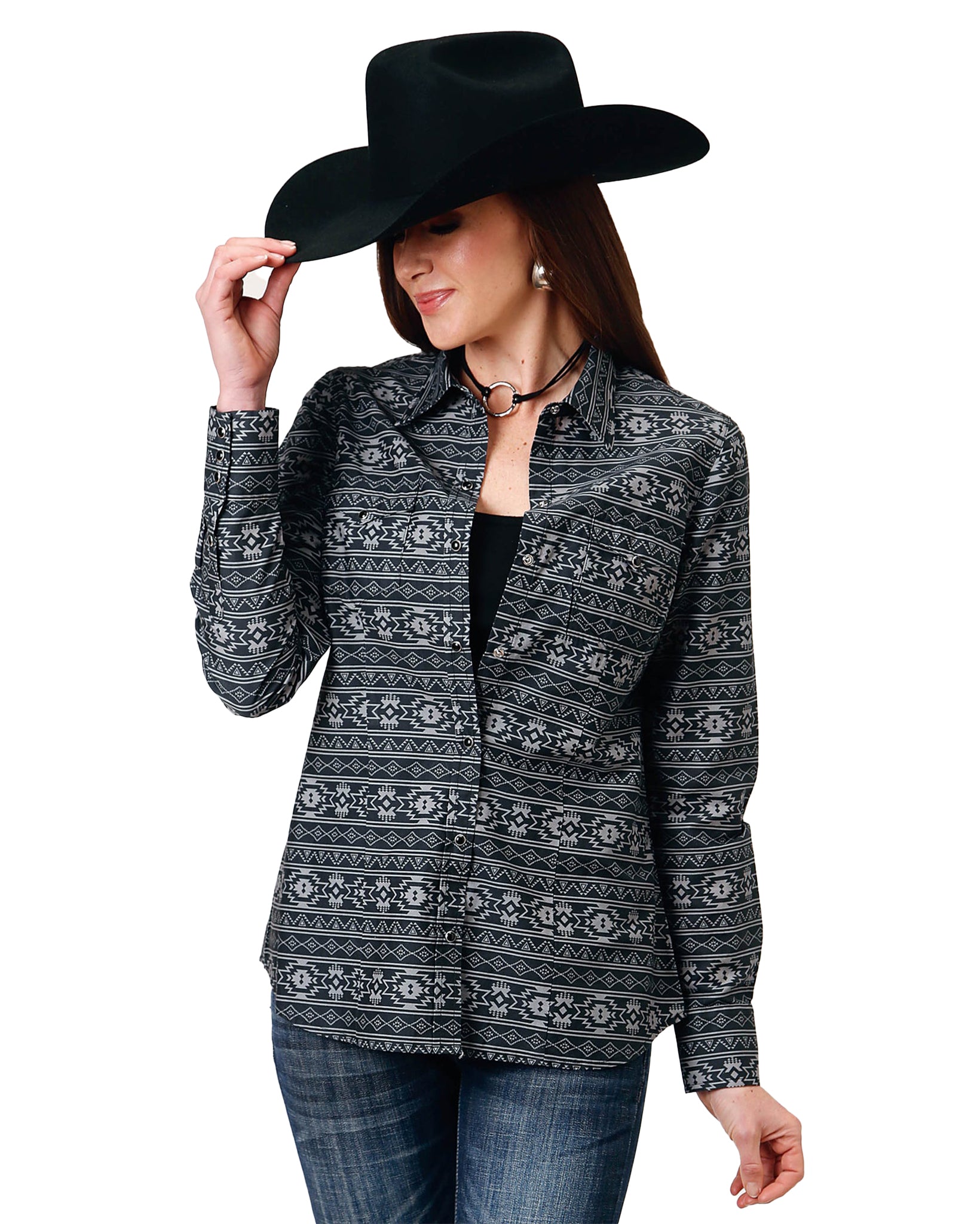 Women's Long Sleeve Aztec Stripe Western Shirt by Roper from Skip’s Western Outfitters | KAR-03-050-0067-0102-BL-L-MULTI