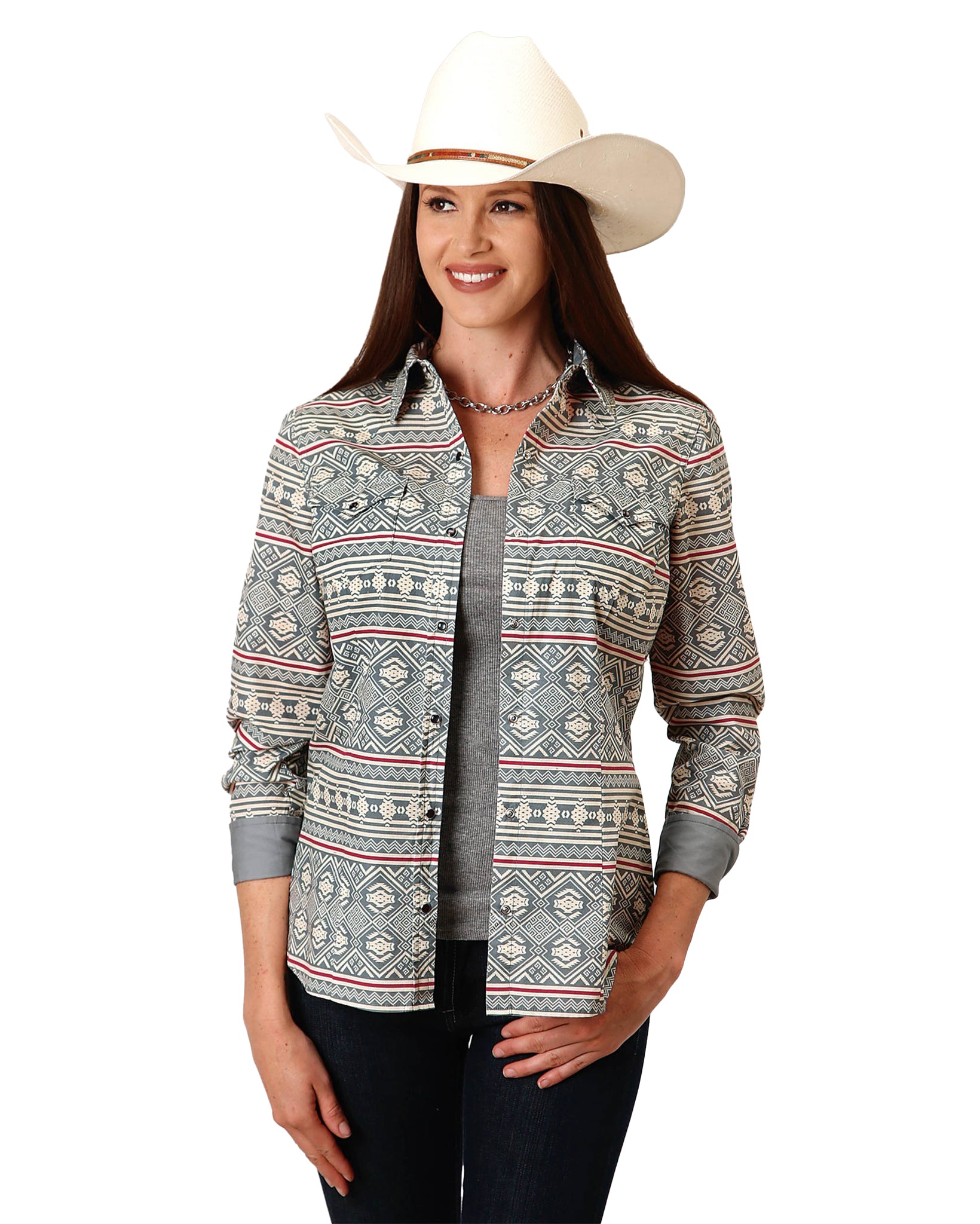 Women's Long Sleeve Tribal Western Shirt by Roper from Skip’s Western Outfitters | KAR-03-050-0067-0368-GY-S-REG