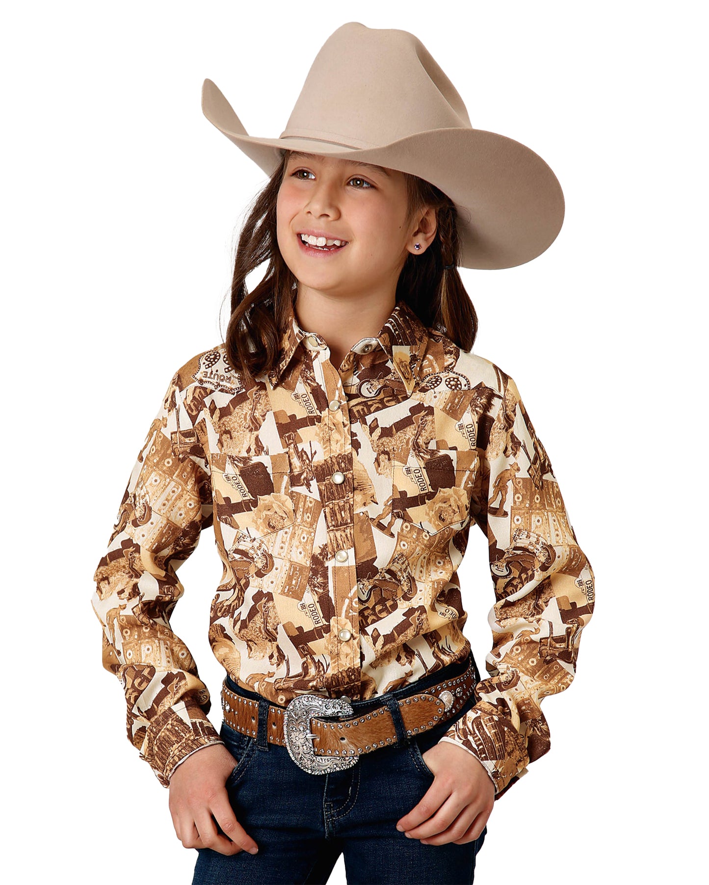 Girls' Long Sleeve Collage Print Western Shirt by Roper from Skip’s Western Outfitters | KAR-03-080-0590-0158-BR-L-MULTI