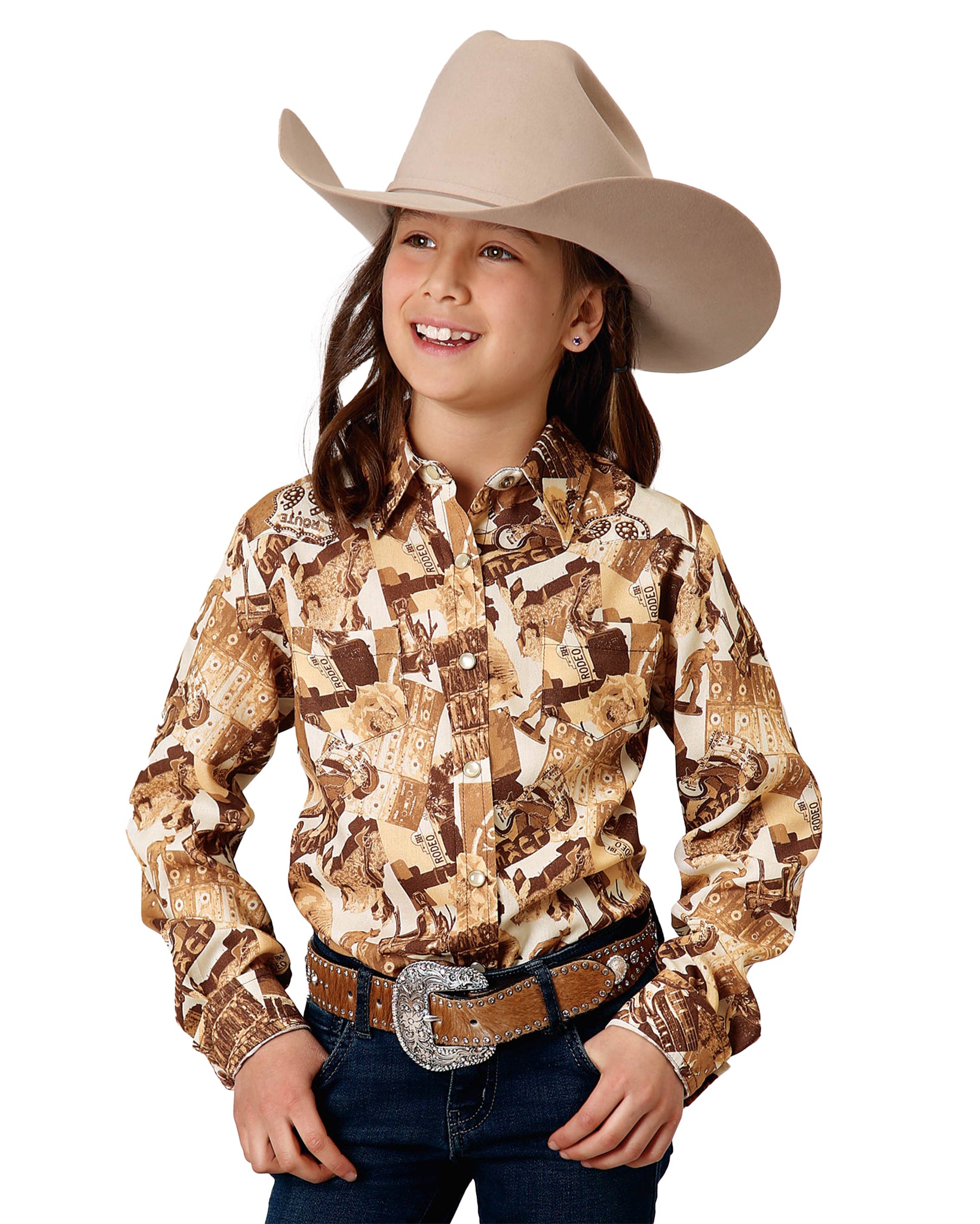 Girls' Long Sleeve Collage Print Western Shirt by Roper from Skip’s Western Outfitters | KAR-03-080-0590-0158-BR-L-MULTI