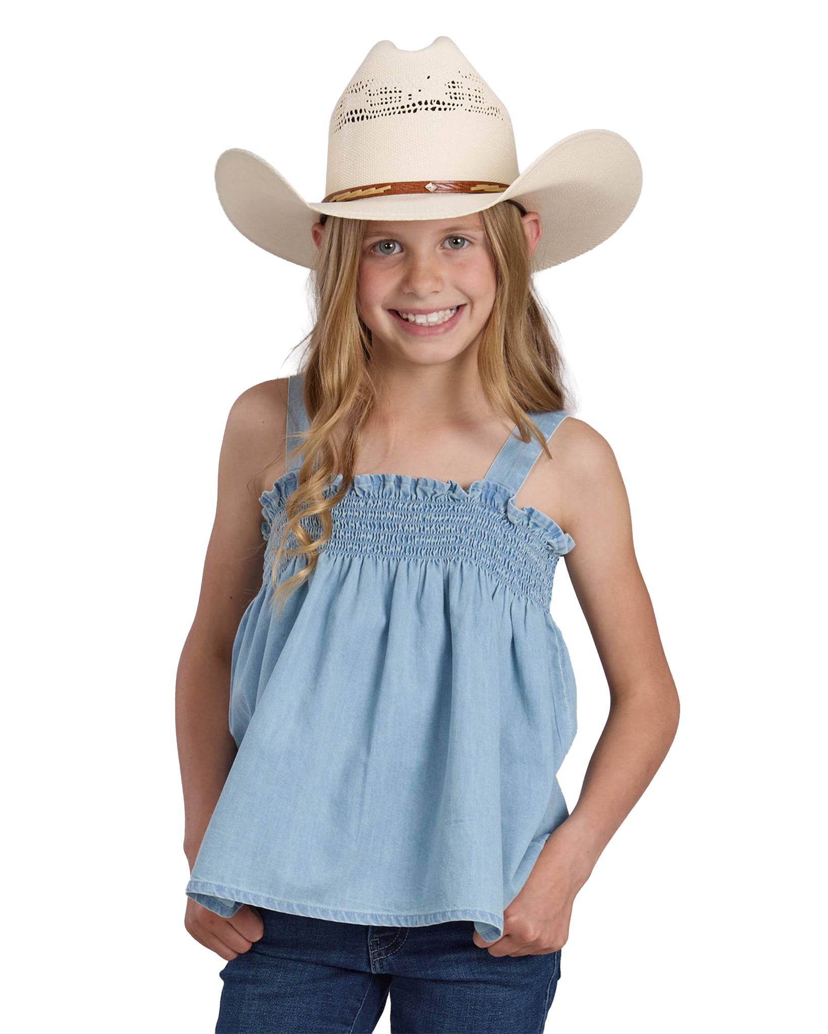 Girls Light Blue Denim Babydoll Tank Sleeveless Pullover Western Shirt - 03-082-0594-2082 Bu by Roper from Skip’s Western Outfitters | KAR-03-082-0594-2082-BU-XS-BLUE