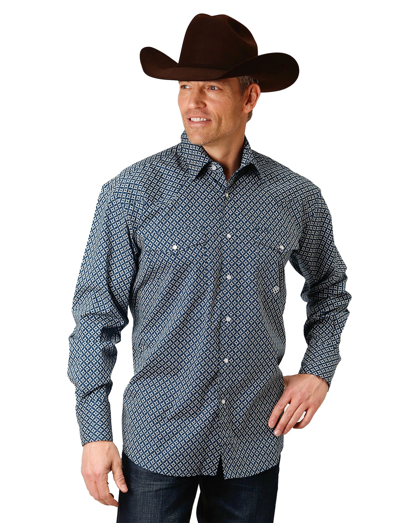 Men's Long Sleeve Dimond Print Western Shirt by Roper from Skip’s Western Outfitters | KAR-03-001-0225-6018-BU-S-BLUE