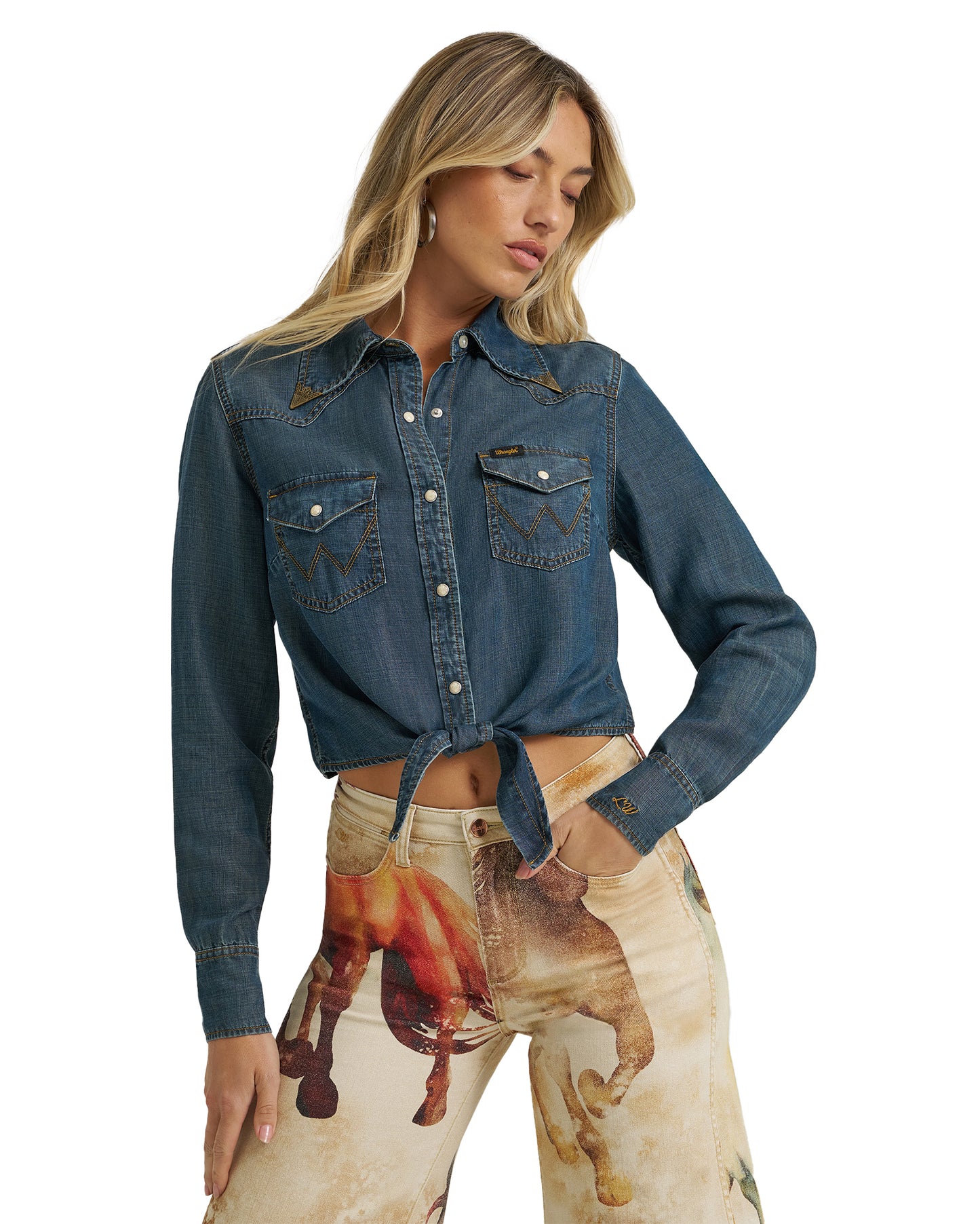 Women's X Lainey Wilson Tie Front Western Shirt by Wrangler from Skip’s Western Outfitters | WRA-112370400-XS-BLUE