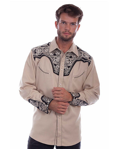 Floral Tooled Embroidery Shirt P-634-Tan
