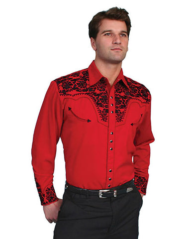 Floral Tooled Embroidery Shirt P-634-Red