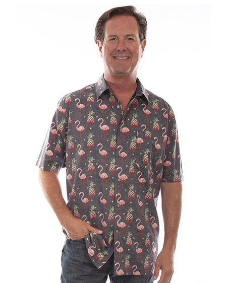 Men's Flamingos & Pineapples Shirt by Scully from Skip’s Western Outfitters | SCU-5315-BLK-S-BLK