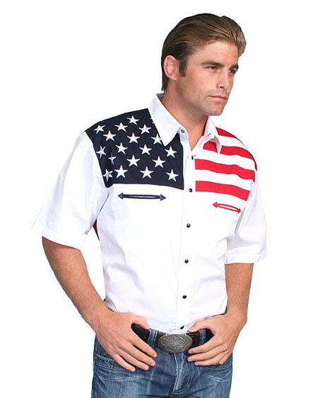 P-756ss - S/s Wht Bttnup Rwb Patriotic by Scully from Skip’s Western Outfitters | SCU-P-756SS-WHT-M-WHITE