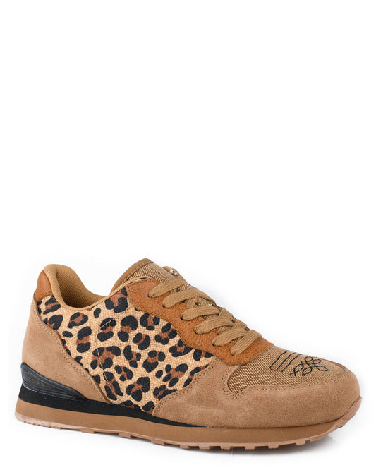 Women's Tan Cow Suede And Leopard Canvas Giddy Up Casual Shoes - 09-021-1797-3539 Ta