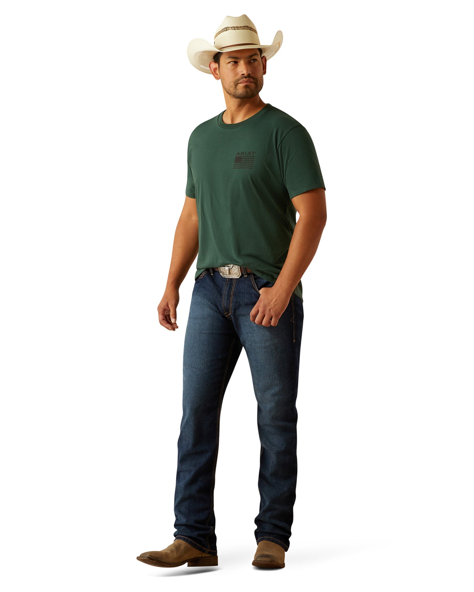 Men's Ariat Rustic Wood Flag T-Shirt by Ariat from Skip’s Western Outfitters | ARI-10058890-SML-FOREST-GREEN