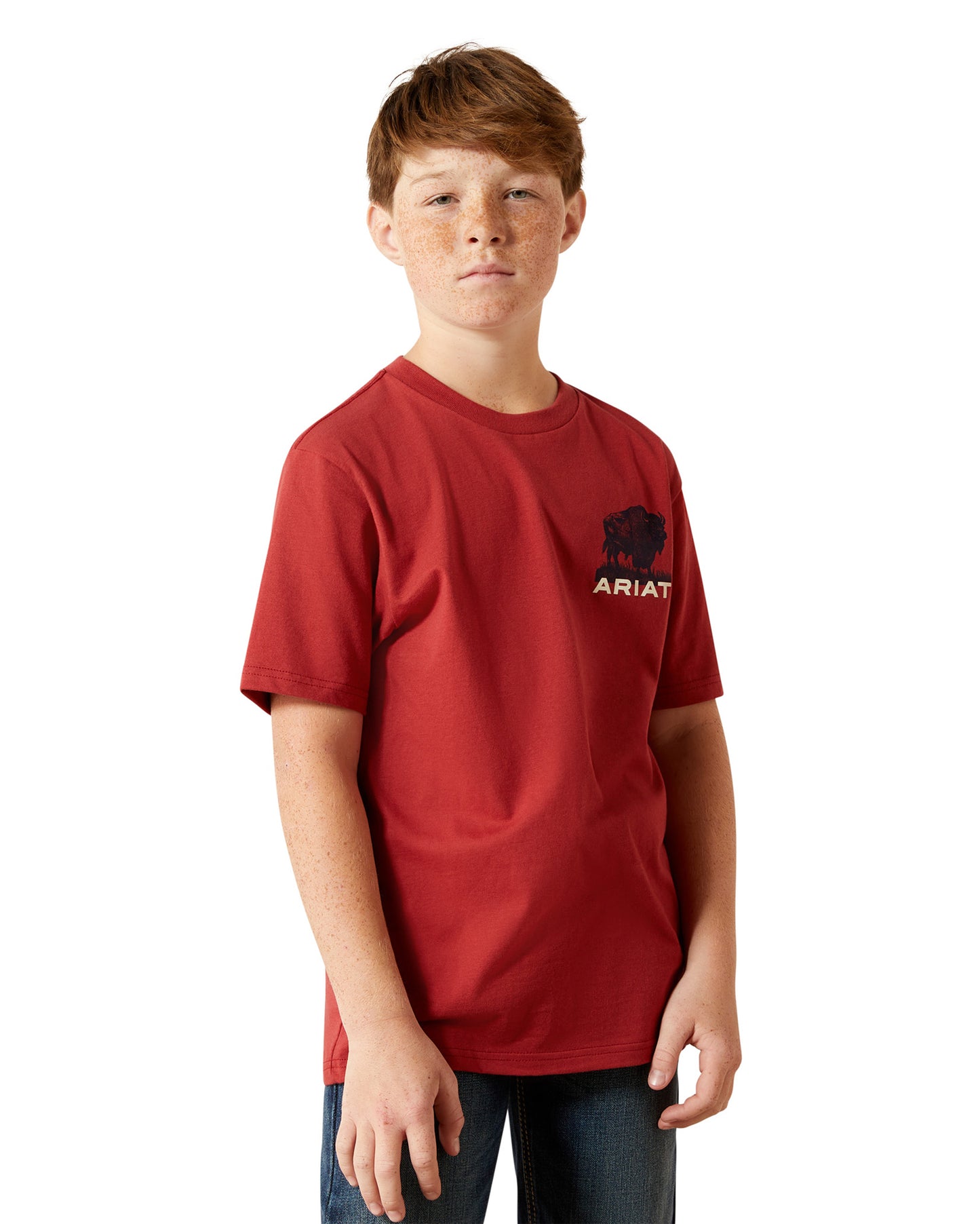 Boys' Ariat Buffalo Flag T-Shirt - 10065979 by Ariat from Skip’s Western Outfitters | ARI-10065979-XS-BRICK-RED