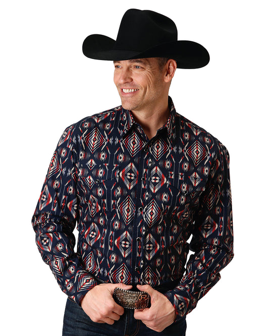 Men's Long Sleeve Vertical Aztec Western Shirt by Roper from Skip’s Western Outfitters | KAR-03-001-0485-0616-BL-S-BLACK