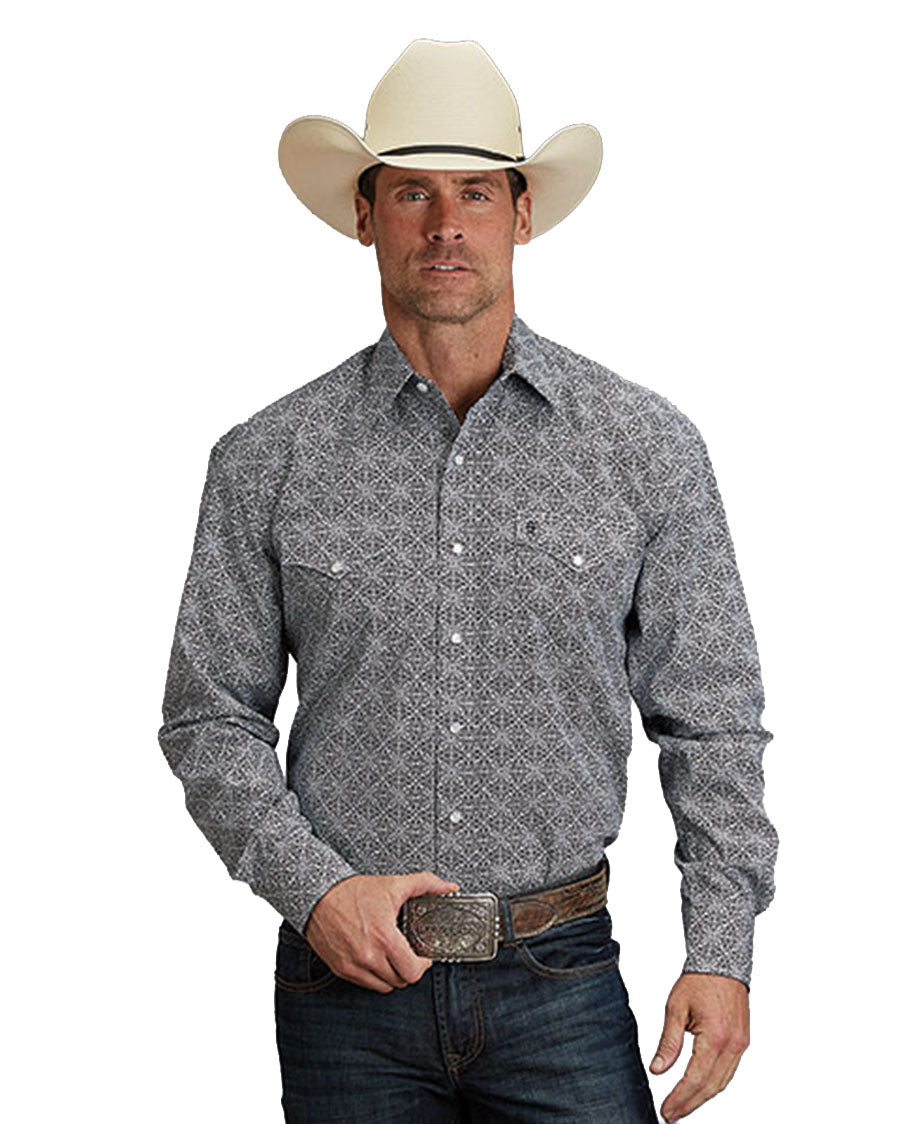 Men's Navy Ornamental Print Long Sleeve Western Shirt - 11-001-0425-2050 BU
