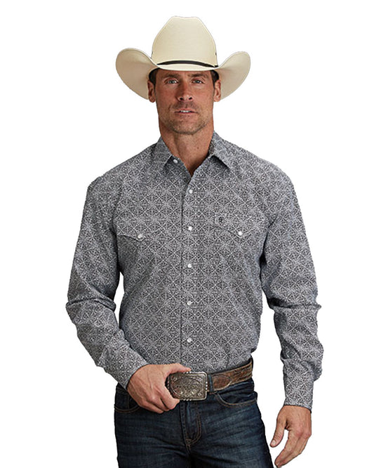 Men's Navy Ornamental Print Long Sleeve Western Shirt - 11-001-0425-2050 BU by Stetson from Skip’s Western Outfitters | KAR-11-001-0425-2050-BU-S-MUSTARD