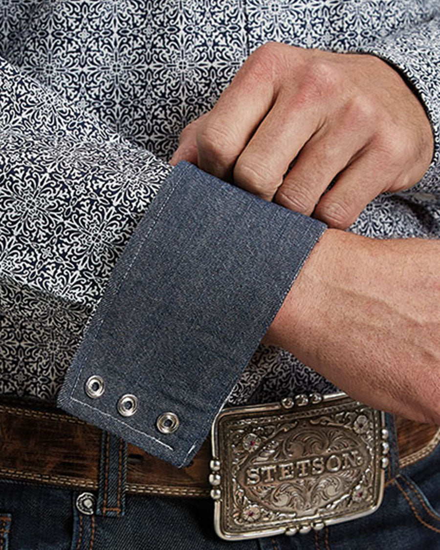 Men's Navy Ornamental Print Long Sleeve Western Shirt - 11-001-0425-2050 BU