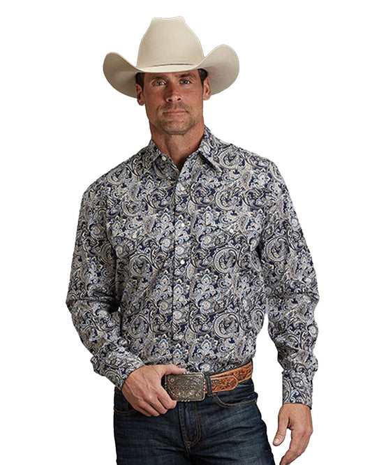 Men's Greenspring Paisley Long Sleeve Western Shirt - 11-001-0425-2051 BU by Stetson from Skip’s Western Outfitters | KAR-11-001-0425-2051-BU-S-BLUE