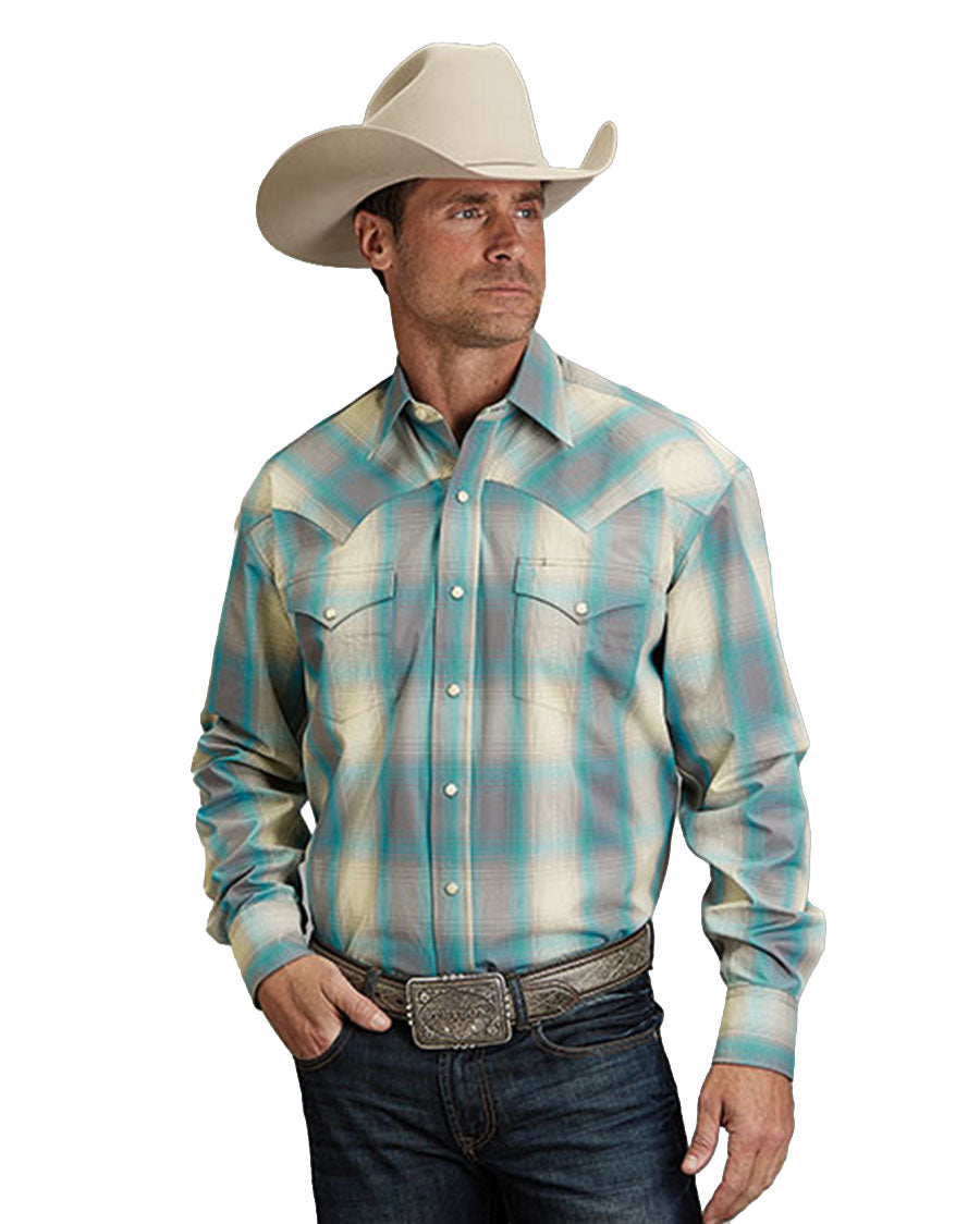 Men's Turquoise Smoke Plaid Long Sleeve Western Shirt - 11-001-0478-2042