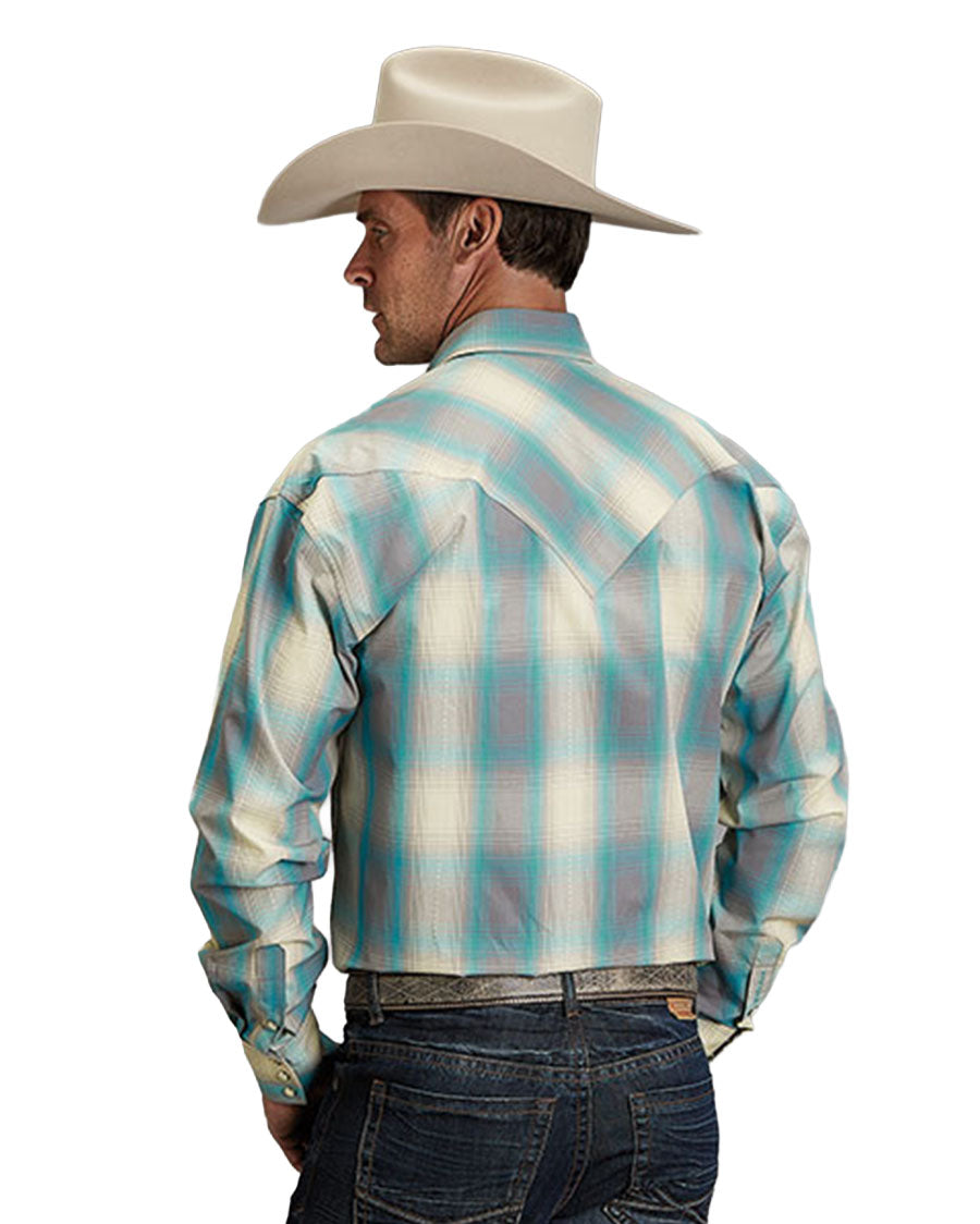 Men's Turquoise Smoke Plaid Long Sleeve Western Shirt - 11-001-0478-2042