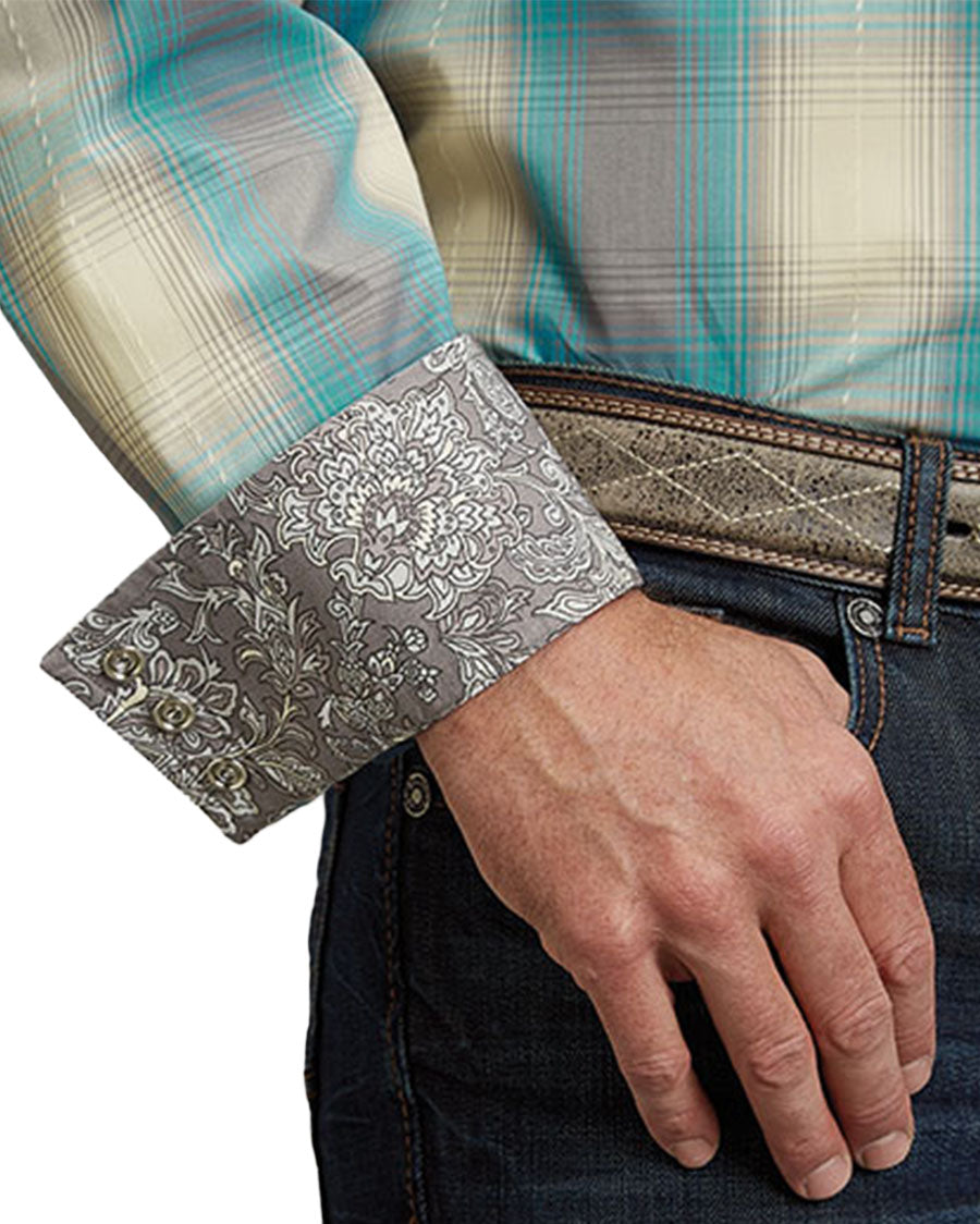 Men's Turquoise Smoke Plaid Long Sleeve Western Shirt - 11-001-0478-2042