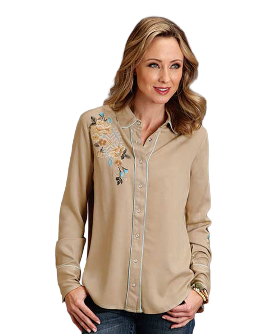 Embroidered Taupe Rayon Twill Western Blouse - 11-050-0565-6009 TA