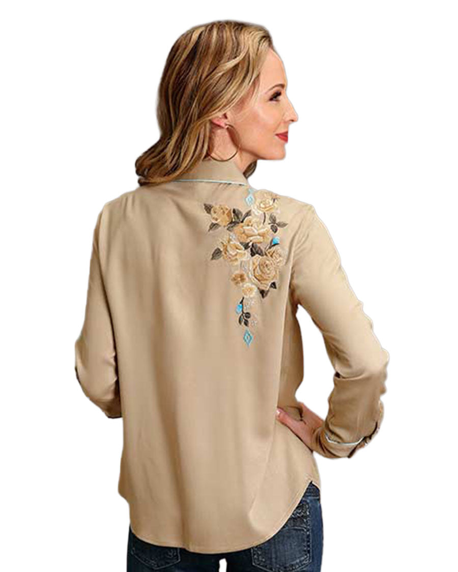 Embroidered Taupe Rayon Twill Western Blouse - 11-050-0565-6009 TA