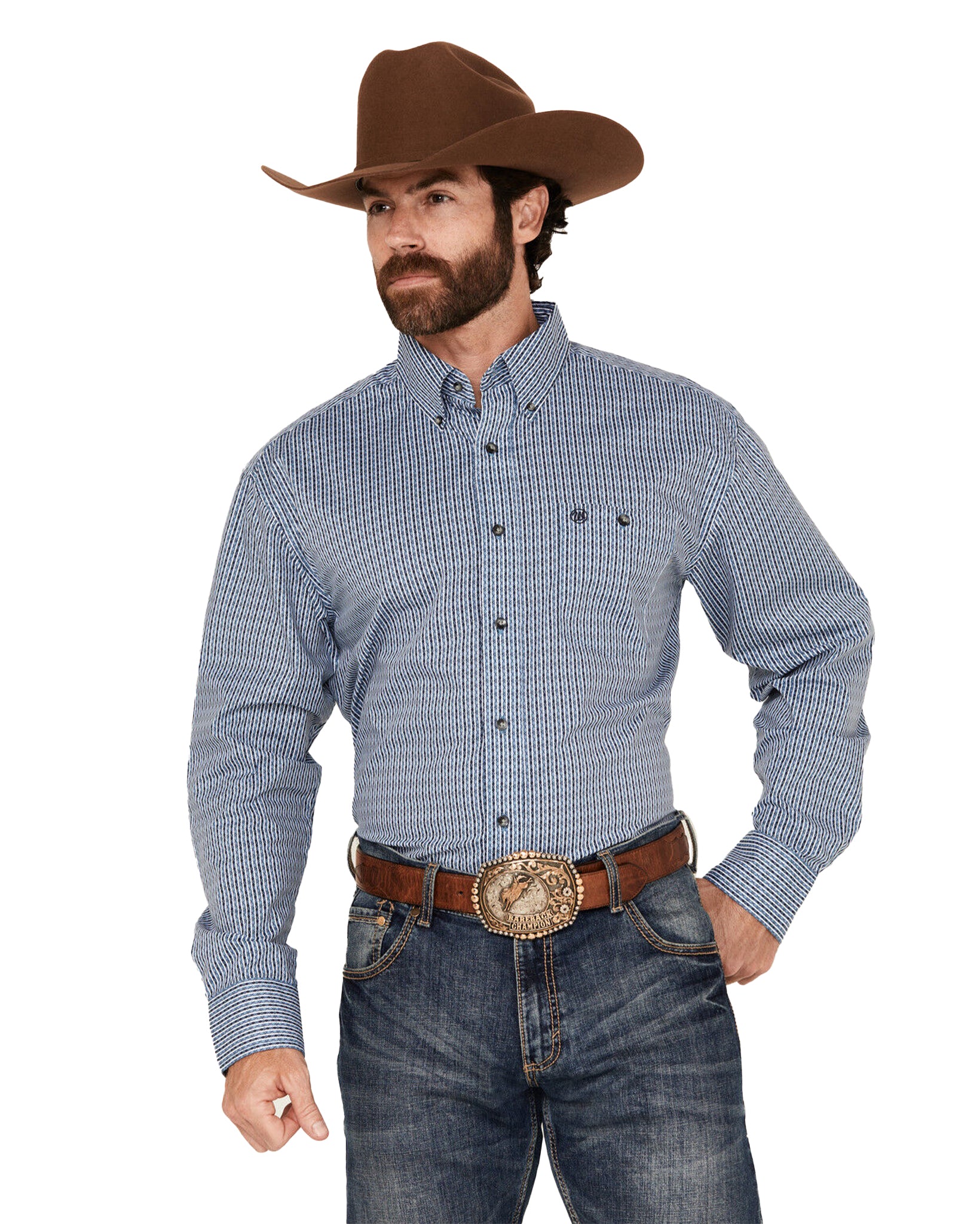 Men's Striped Geo Print Long Sleeve Western Shirt by Wrangler from Skip’s Western Outfitters | WRA-112352415-S-BLUE