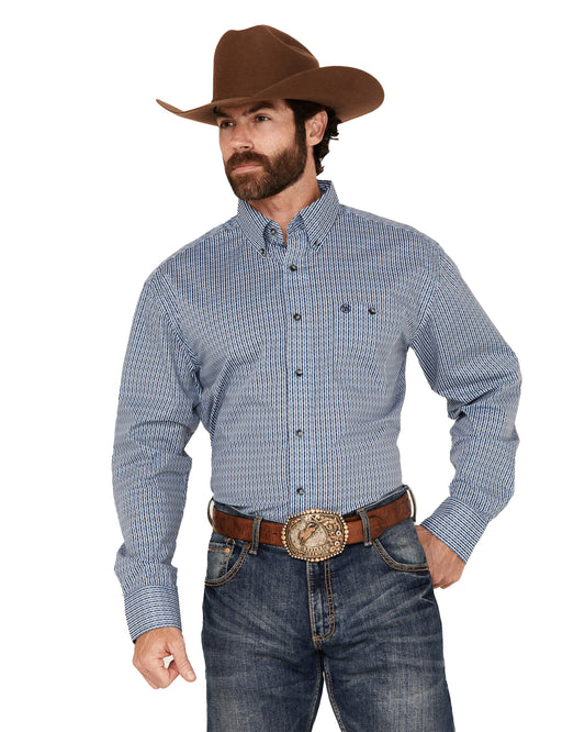 Men's Striped Geo Print Long Sleeve Western Shirt by Wrangler from Skip’s Western Outfitters | WRA-112352415-S-BLUE
