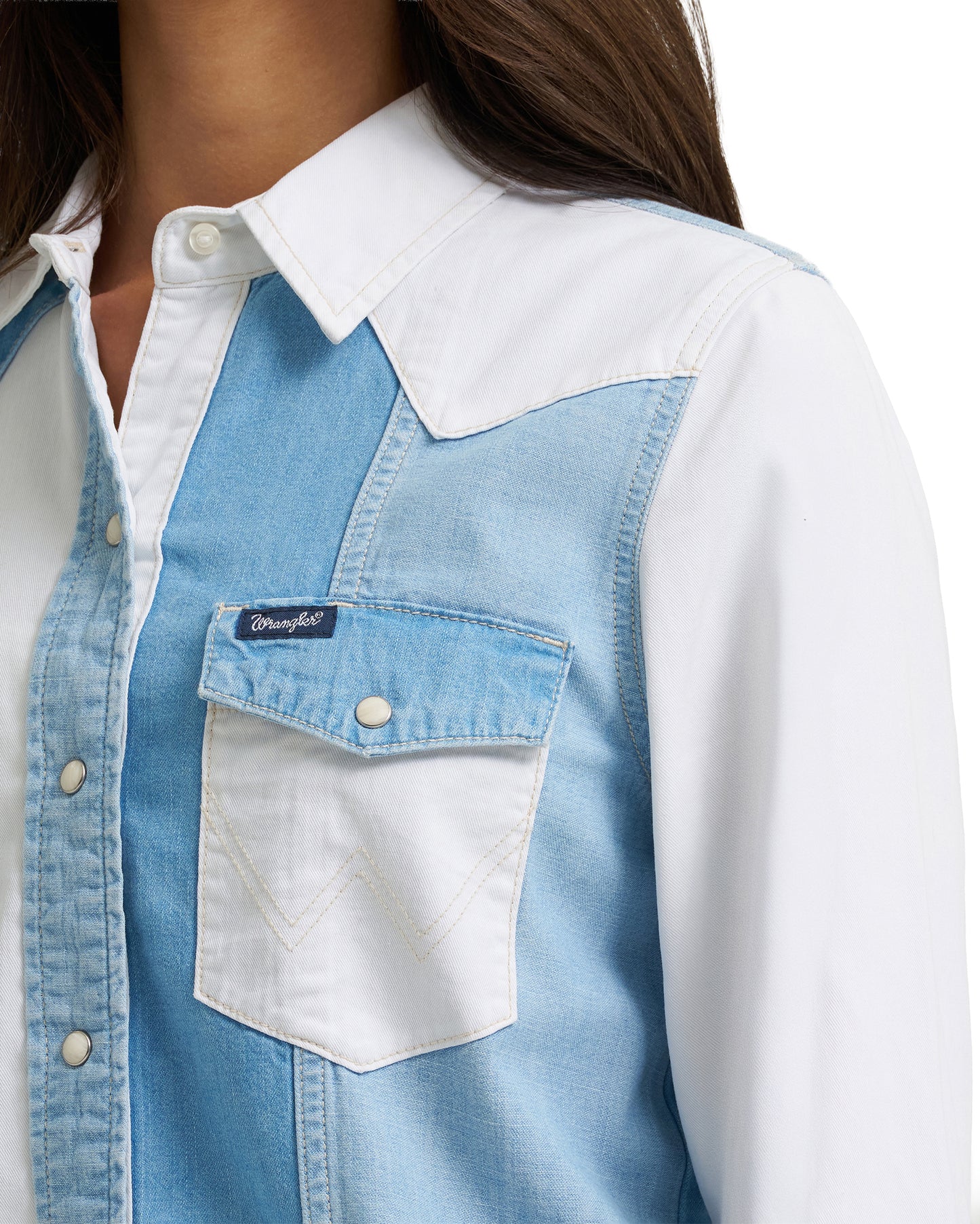 Women's Pieced Denim Vintage Fit Snap Shirt - 112374832