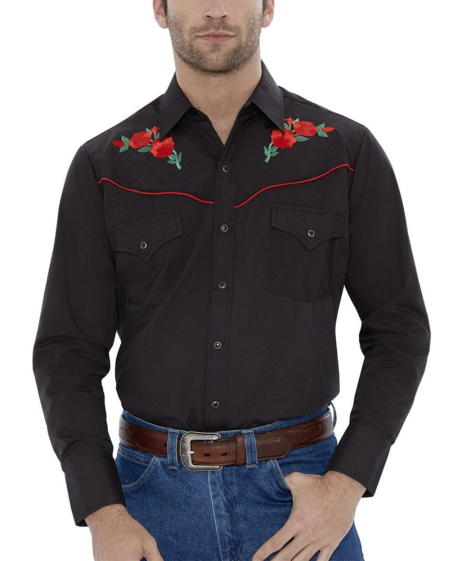 Men's Rose Embroidery Western Snap Shirt