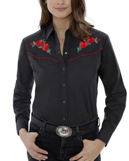 Women's Red Rose Embroidery Long Sleeve Western Snap Shirt