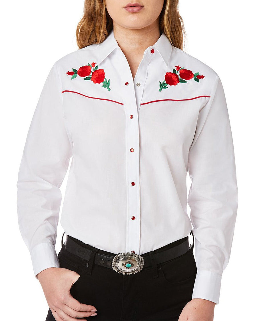 Women's Red Rose Embroidery Long Sleeve Western Snap Shirt
