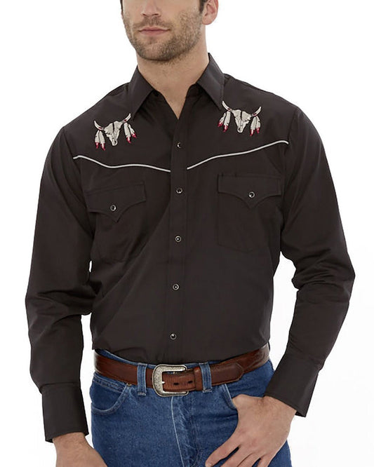 Men's Long Sleeve Western Snap Shirt with Cow Skull Embroidery