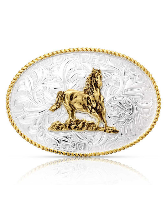 Rosebud Galloping Horse Legacy Buckle by Montana Silversmiths from Skip’s Western Outfitters | MON-1256-463-O/S