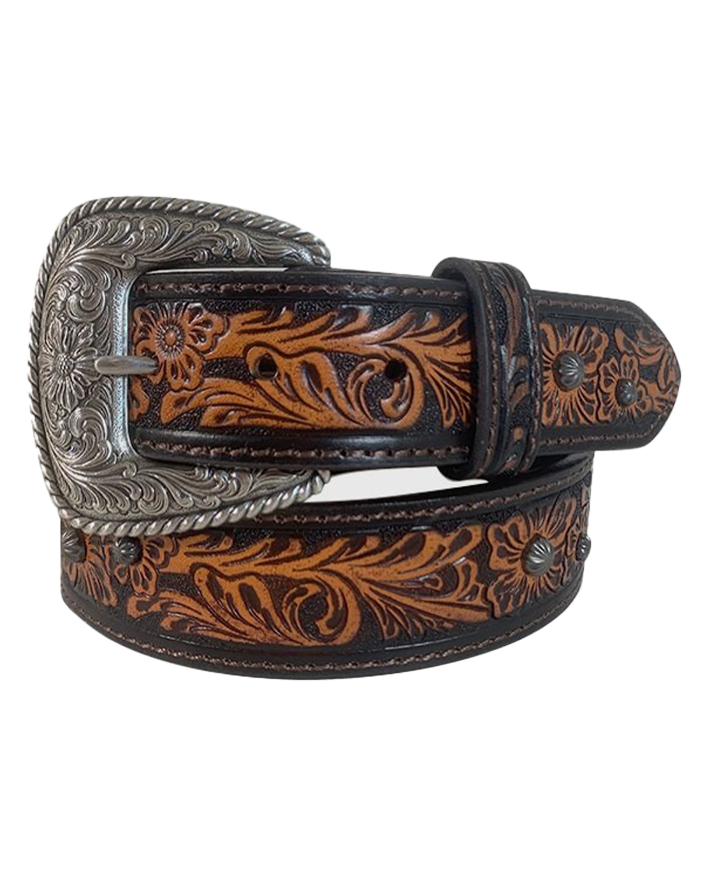 Women's Genuine Leather Belt With Hand Tooled Flowers by Roper Belts from Skip’s Western Outfitters | GEM-8841790-200-S-BROWN