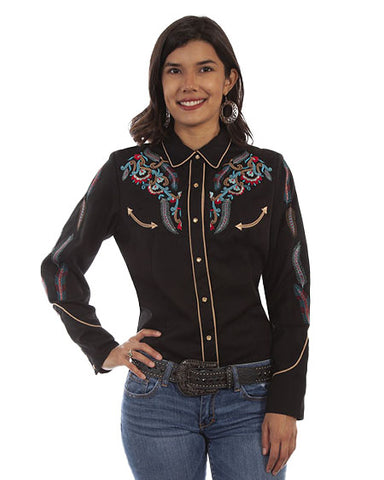 Women's Floral & Feather Embroidered Blouse Pl-878-Blk